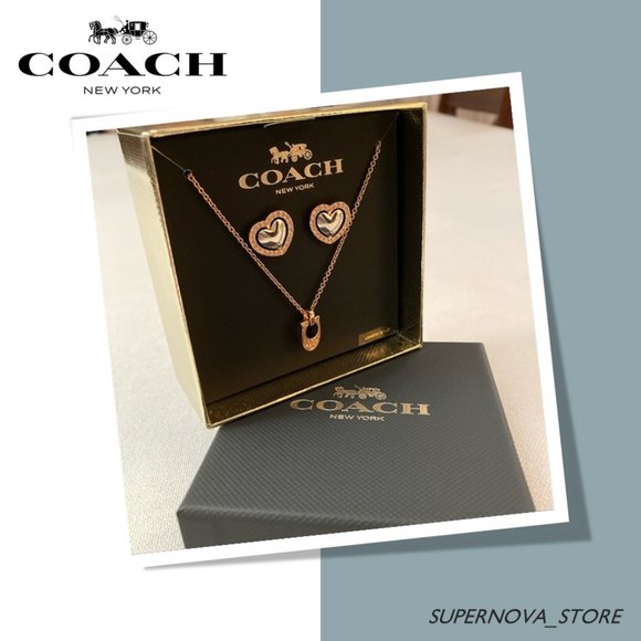 Coach Rose Gold Silver Necklace Studs Earrings Heart Crystals Gift Set Box $128 - Picture 3 of 8
